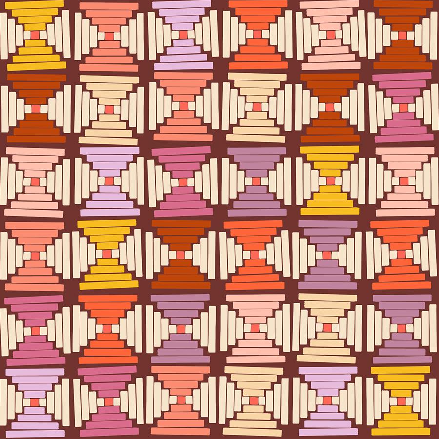 a repeating pattern of geometric shapes, including triangles, rectangles, and diamonds, arranged in a grid-like fashion. The colors used are predominantly pink, orange, and yellow, creating a vibrant and visually striking design.