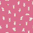 a repeating pattern of white rabbits against a pink background. The rabbits are depicted in various poses, such as standing, sitting, and interacting with objects like carrots. The image does not contain any text or additional objects, and the rabbits are the main focus of the pattern.