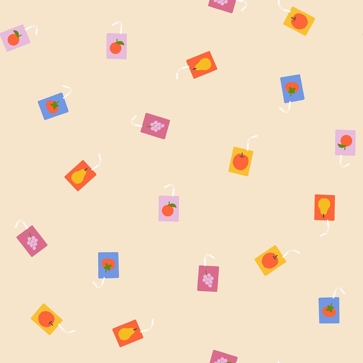 a repeating pattern of various fruit-themed illustrations, including apples, oranges, and grapes, arranged in a visually appealing and colorful manner.