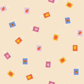 a repeating pattern of various fruit-themed illustrations, including apples, oranges, and grapes, arranged in a visually appealing and colorful manner.