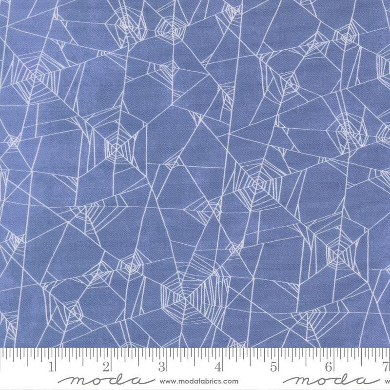 a close-up view of a fabric with a repeating pattern of white spider web lines against a dark blue background.
