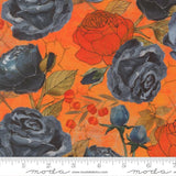 a vibrant and colorful floral pattern with various shades of blue, red, and orange. The pattern includes large black roses, smaller blue roses, and orange flowers, creating a visually striking and dynamic composition.