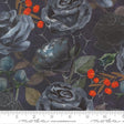 The image is a close-up of a dark-colored fabric with a floral pattern featuring black roses and orange berries.