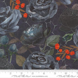 The image is a close-up of a dark-colored fabric with a floral pattern featuring black roses and orange berries.