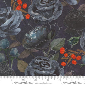 The image is a close-up of a dark-colored fabric with a floral pattern featuring black roses and orange berries.