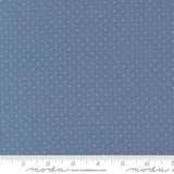 a close-up view of a fabric with a blue background and white polka dots. The fabric appears to be a type of textile, possibly used for clothing or home decor.