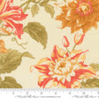 a close-up view of a fabric with a floral pattern, including large orange and red flowers with green leaves. The fabric appears to be a light-colored material, possibly a cotton or linen fabric.