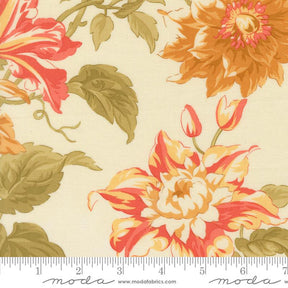 a close-up view of a fabric with a floral pattern, including large orange and red flowers with green leaves. The fabric appears to be a light-colored material, possibly a cotton or linen fabric.