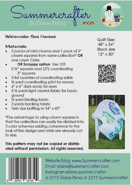 Watercolor Sea Horses Quilt Pattern only 105 by Elaine Perez for Summercrafter, quilt size 48" x 54"