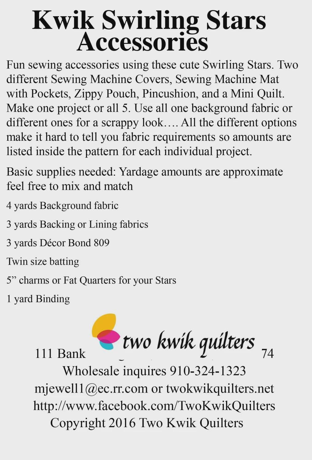 Kwik Swirling Stars Accessories Pattern TKQ70 by Karie Jewell for Two Kwik Quilters Printed Pattern Only