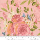 a close-up view of a vibrant floral print with pink roses, white daisies, and green leaves against a pink background.