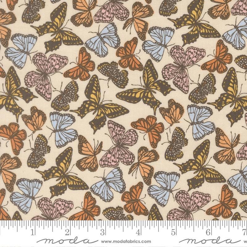 a repeating pattern of colorful butterflies on a beige background.