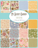 The image is a collage of various fabric patterns and designs, including floral, nature-inspired, and abstract patterns. The collage is titled "My Secret Garden" and includes a collection of fabric swatches in different colors and styles.