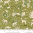 The image is a repeating pattern of various animals, including deer, birds, and squirrels, set against a green background with a cloudy sky.