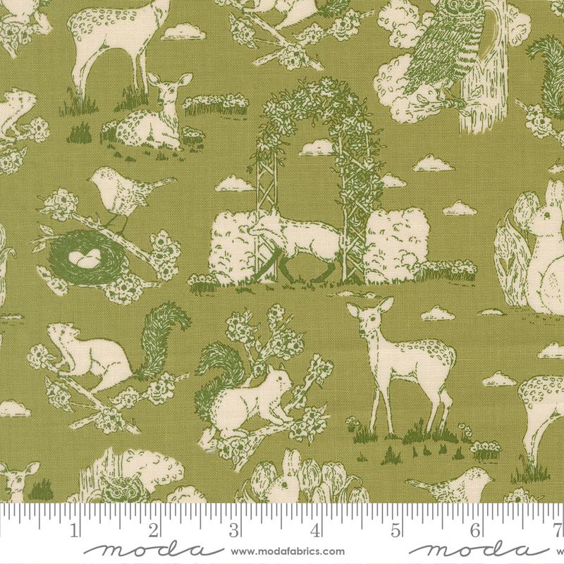 The image is a repeating pattern of various animals, including deer, birds, and squirrels, set against a green background with a cloudy sky.
