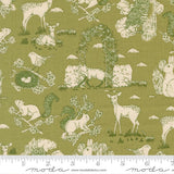 The image is a repeating pattern of various animals, including deer, birds, and squirrels, set against a green background with a cloudy sky.