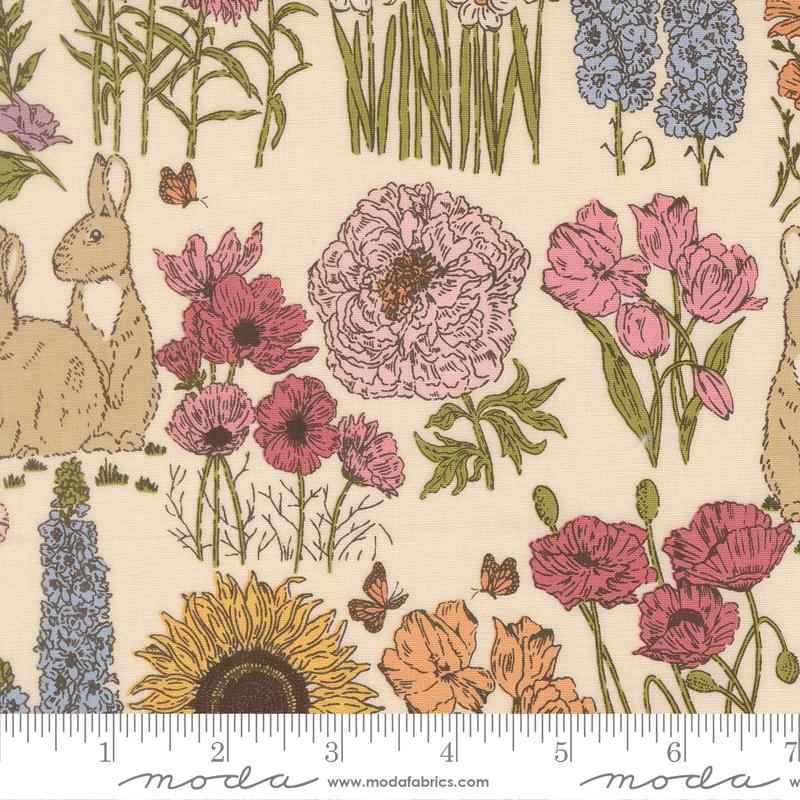 The image is a collage of various colorful flowers and plants, including sunflowers, poppies, and other flowers, along with illustrations of rabbits and butterflies.