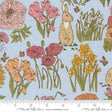 The image is a collage of various illustrations of flowers, including pink and orange flowers, yellow flowers, and a rabbit.