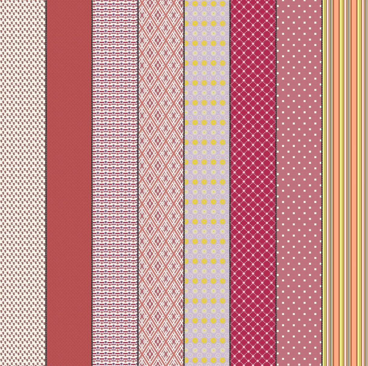 a collection of nine vertical stripes, each with a unique pattern and color. The stripes vary in width and height, creating a visually interesting and diverse arrangement. The colors range from red to pink, yellow, and white, adding a vibrant and lively touch to the overall composition.