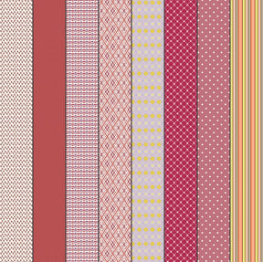 a collection of nine vertical stripes, each with a unique pattern and color. The stripes vary in width and height, creating a visually interesting and diverse arrangement. The colors range from red to pink, yellow, and white, adding a vibrant and lively touch to the overall composition.