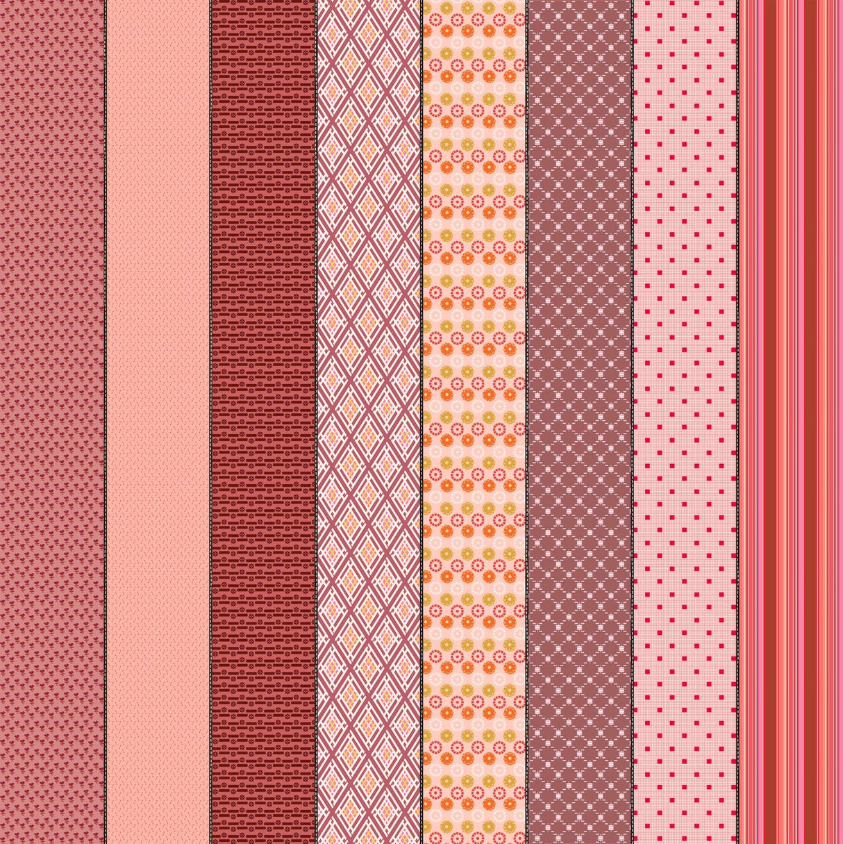 a collection of nine vertical stripes in various colors, including pink, red, orange, and white. The stripes have different patterns and designs, creating a visually interesting and diverse arrangement.