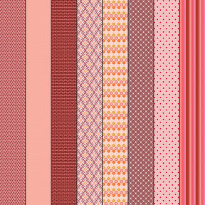 a collection of nine vertical stripes in various colors, including pink, red, orange, and white. The stripes have different patterns and designs, creating a visually interesting and diverse arrangement.