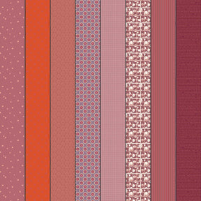 a collection of nine vertical stripes in various colors, including red, orange, pink, purple, and maroon. The stripes have different patterns and designs, creating a visually interesting and diverse arrangement.