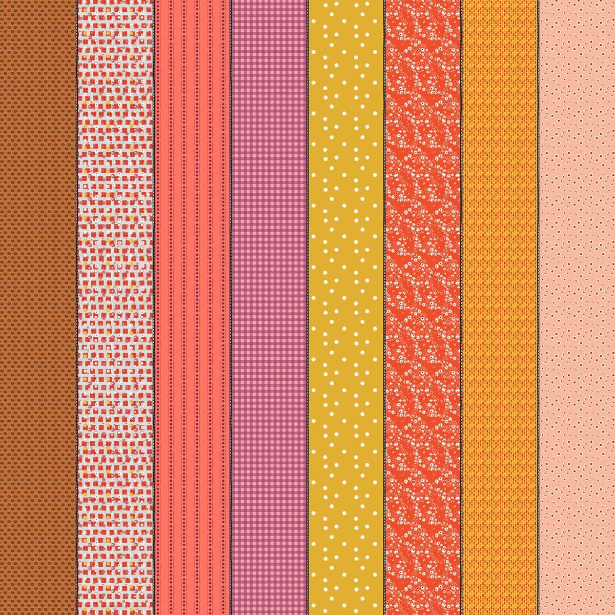 a collection of nine vertical stripes in various colors and patterns, including polka dots, stripes, and floral designs.