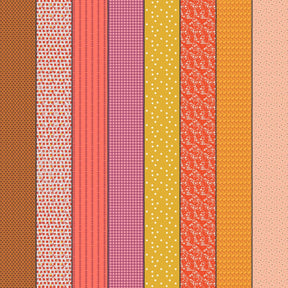a collection of nine vertical stripes in various colors and patterns, including polka dots, stripes, and floral designs.