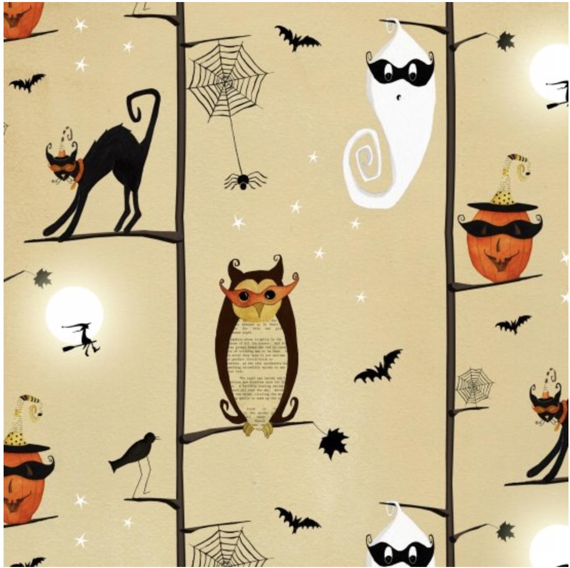 Cheeky Wee Pumpkins By Studio E Fabrics 3272-44 Branch Cats and Owl Yardage Sold in 1/2 Yard Increments