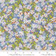 The image is a close-up of a fabric with a floral pattern in shades of blue, green, and white. The pattern consists of various flowers and leaves, creating a visually appealing and intricate design.