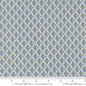 a fabric with a repeating pattern of blue and white flowers or leaves. The pattern is arranged in a diagonal grid-like design, creating a visually appealing and intricate pattern.