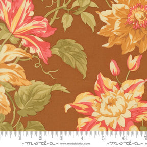 The image is a close-up of a fabric with a floral pattern, featuring large, vibrant flowers and leaves in shades of orange, yellow, and green.
