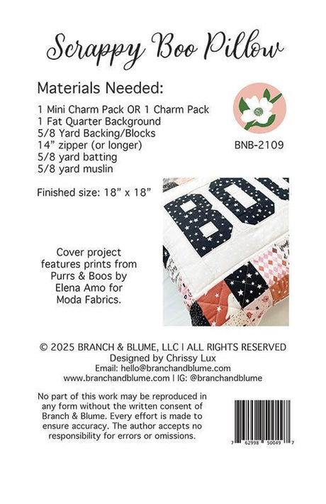 Scrappy Boo Pillow BNB 2109 by Chrissy Lux for Sew Lux Fabric 18"x 18" - Printed Pattern Only