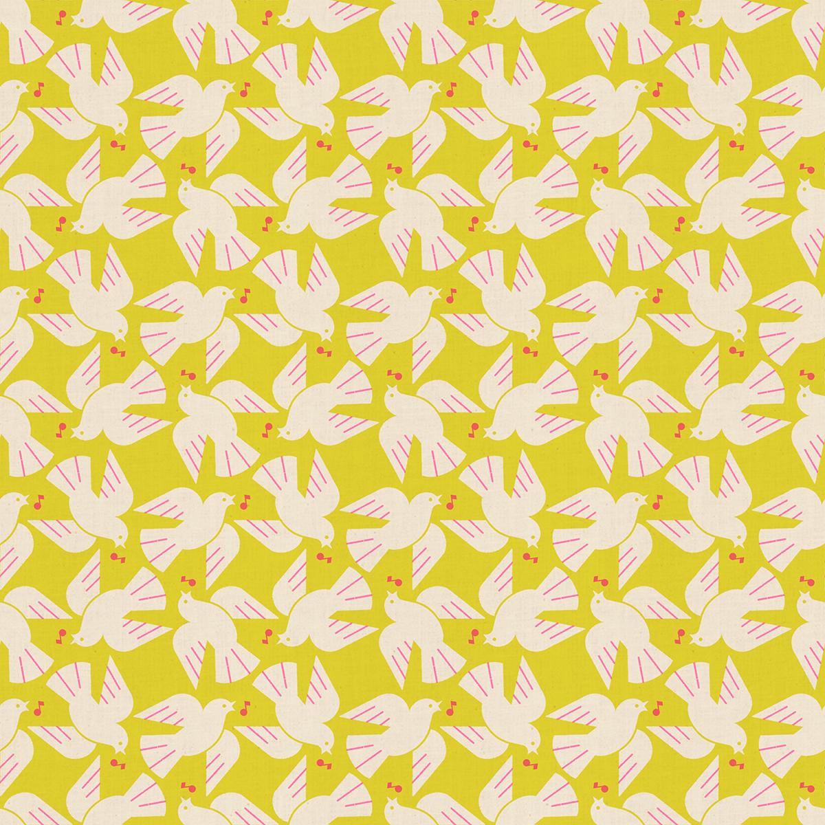 The image is a repeating pattern of white birds with pink accents against a yellow background.
