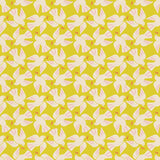 The image is a repeating pattern of white birds with pink accents against a yellow background.