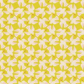 The image is a repeating pattern of white birds with pink accents against a yellow background.