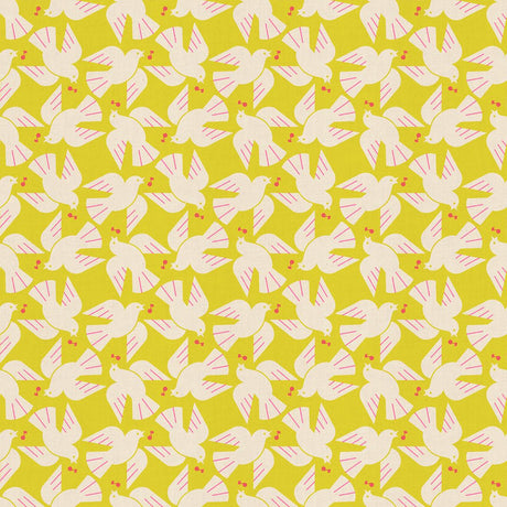 The image is a repeating pattern of white birds with pink accents against a yellow background.