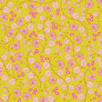 a repeating pattern of pink and yellow flowers and leaves against a bright yellow background.