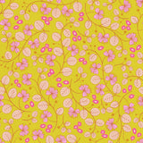 a repeating pattern of pink and yellow flowers and leaves against a bright yellow background.