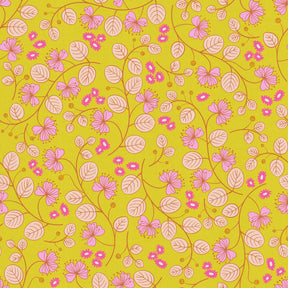 a repeating pattern of pink and yellow flowers and leaves against a bright yellow background.