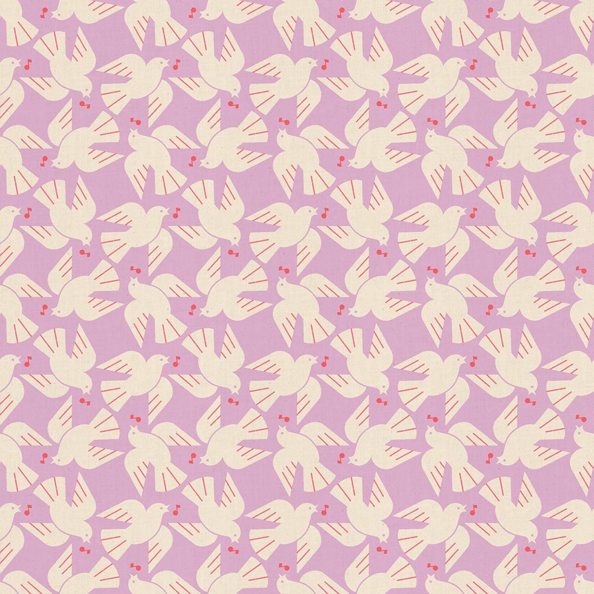 The image is a repeating pattern of stylized white birds with red accents on a light purple background.
