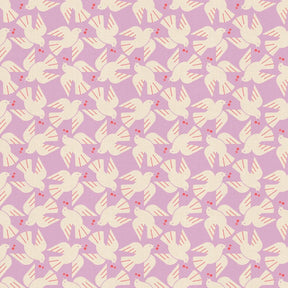 The image is a repeating pattern of stylized white birds with red accents on a light purple background.