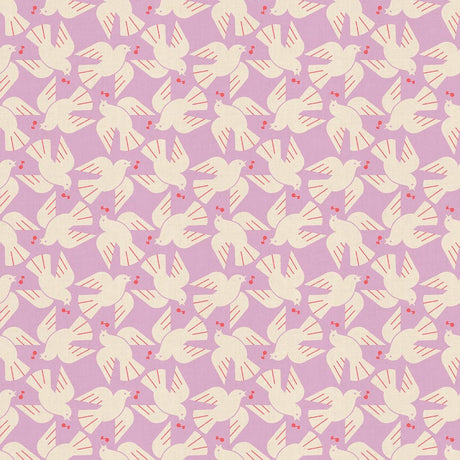 The image is a repeating pattern of stylized white birds with red accents on a light purple background.