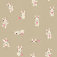 a repeating pattern of cartoon rabbits wearing headphones and holding small pink objects, such as a heart or a number 8.