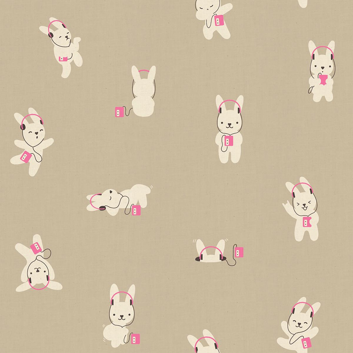 a repeating pattern of cartoon rabbits wearing headphones and holding small pink objects, such as a heart or a number 8.
