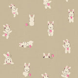 a repeating pattern of cartoon rabbits wearing headphones and holding small pink objects, such as a heart or a number 8.