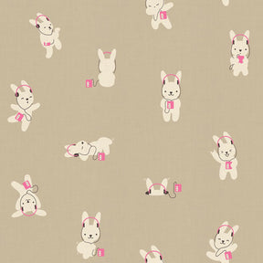 a repeating pattern of cartoon rabbits wearing headphones and holding small pink objects, such as a heart or a number 8.