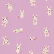 a repeating pattern of cartoon rabbits wearing headphones and holding small red squares.