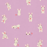 a repeating pattern of cartoon rabbits wearing headphones and holding small red squares.